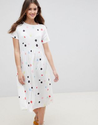 DESIGN slinky smock dress in multi spot
