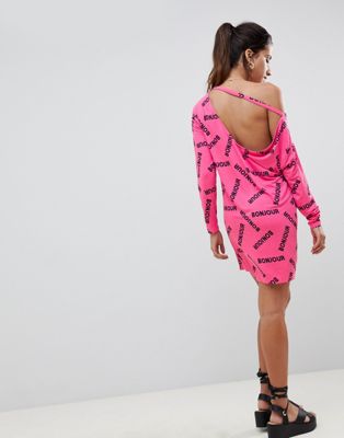 DESIGN bonjour print one shoulder t-shirt dress with v back