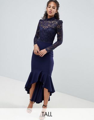 City Goddess Tall Long Sleeve High Neck Fishtail Maxi Dress With Lace Detail