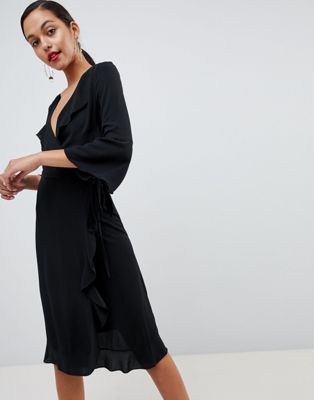 Outrageous Fortune ruffle wrap midi dress with fluted sleeve in black