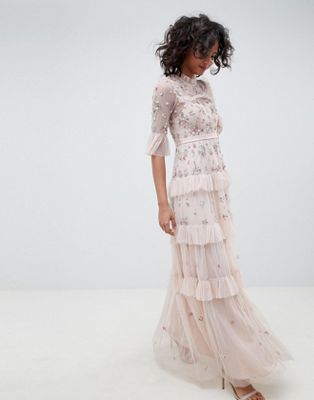 Needle & Thread embroidered maxi gown in rose