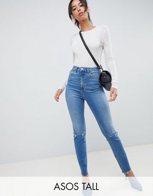 DESIGN Tall Farleigh high waist slim mom jeans in mid stonewash blue with rips