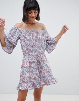 DESIGN off shoulder jersey romper with frill hem in tile print