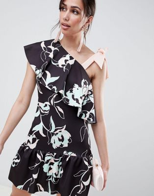 DESIGN floral one shoulder ruffle mini dress with bow detail