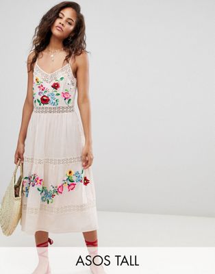 DESIGN Tall lace insert crinkle tiered midi dress with embroidery