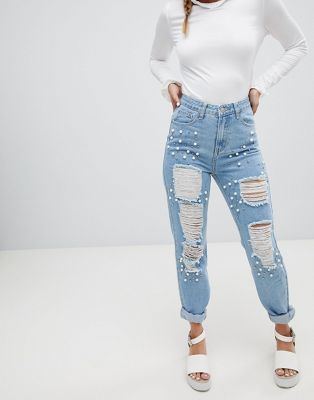 Glamorous ripped boyfriend jeans with pearls