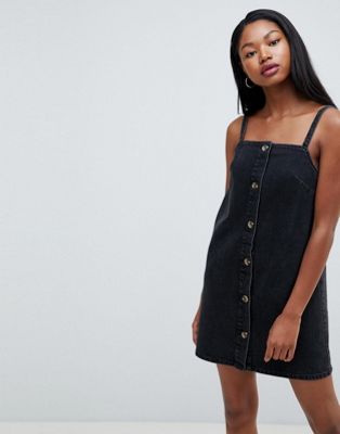 DESIGN denim button through slip dress in black with tortoiseshell buttons