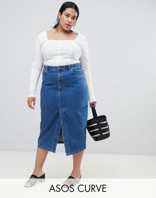 DESIGN Curve denim midi skirt with split front in midwash blue