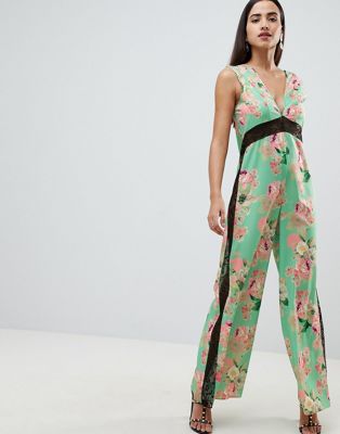 DESIGN jumpsuit with lace detail in soft floral print