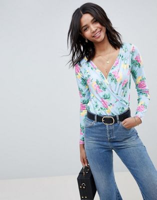 DESIGN wrap front long sleeve body in blue floral print