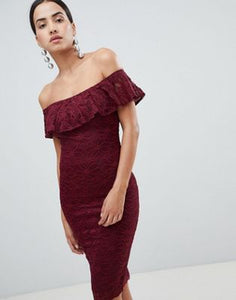 AX Paris Bardot Frill Overlay Lace Midi Dress