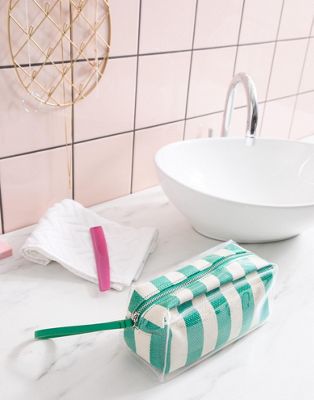 Mango stripe plastic cosmectic bag in green multi