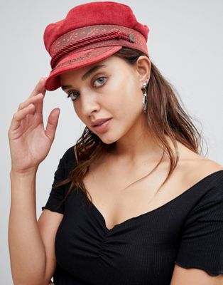 Brixton Baker Boy Embroidered Hat in Red