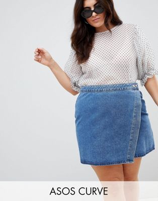 DESIGN Curve denim wrap skirt in midwash blue