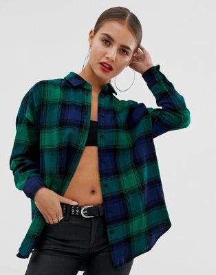 DESIGN boyfriend shirt in green and navy check