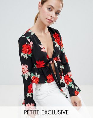 Missguided Petite tie front blouse in black floral