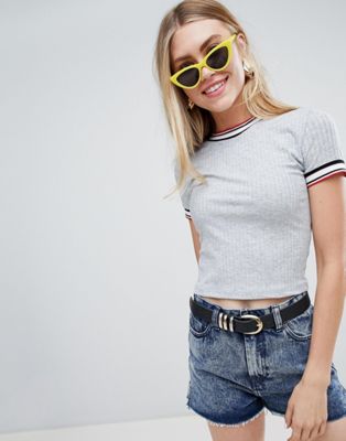 Bershka stripe tipping ribbed top in gray