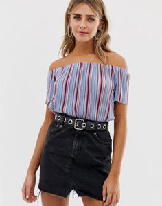 Bershka stripe off the shoulder top plisse in blue