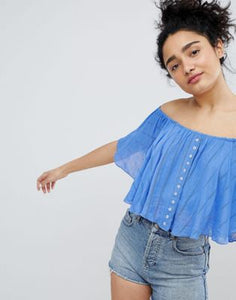 Bershka button stripe of the shoulder top in blue