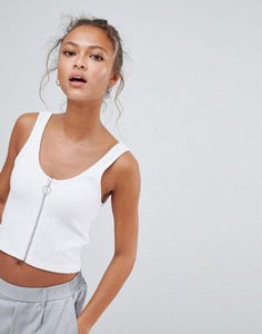 Bershka zip front crop top in white