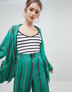 Bershka striped satin blazer in green