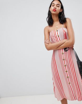 Boohoo Linen Mix Button Through Stripe Midi Dress