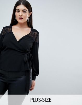 Outrageous Fortune Plus ruffle detail lace insert wrap blouse