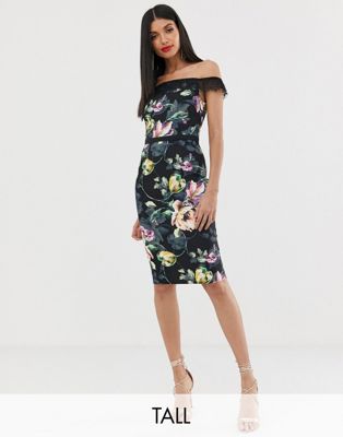 Little Mistress Tall printed lace bardot pencil dress