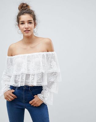 DESIGN ruffle bardot top with lace