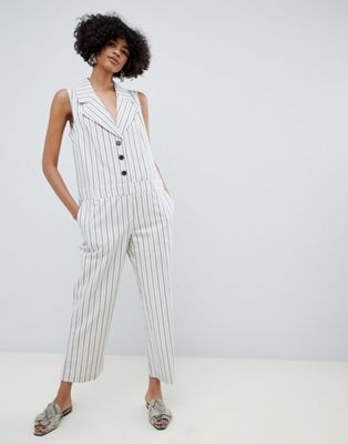 DESIGN  tux jumpsuit in stripe with button front