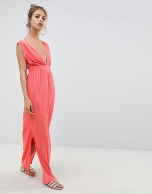 DESIGN deep plunge plisse maxi dress