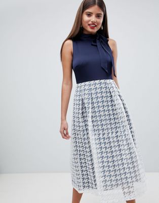 Closet London Neck Tie Grid Skirt Dress