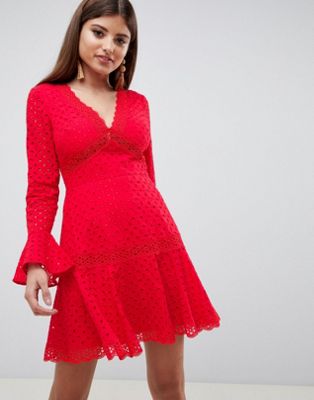DESIGN mini dress with fluted sleeve in broderie